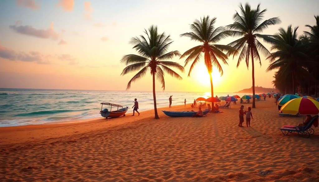Cena vibrante da praia de Paripueira, Alagoas, ao pôr do sol, com moradores aproveitando a orla.