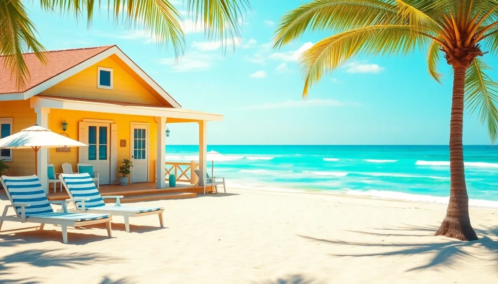 Relaxing coastal cabana beachfront view showcasing bright colors and inviting atmosphere.