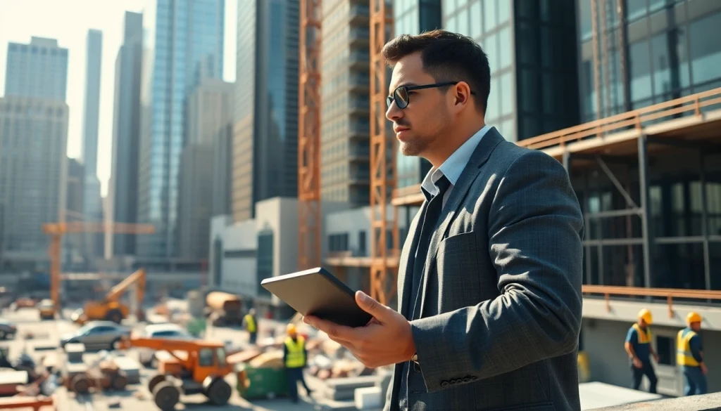 Engaged New York Construction Manager directing a construction site with a cityscape backdrop.