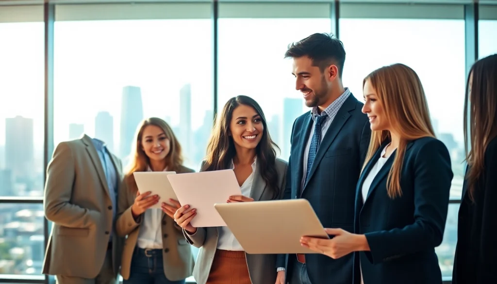 Engaged professionals discussing new hire jobs in a modern office setting.