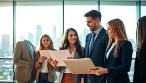 Engaged professionals discussing new hire jobs in a modern office setting.