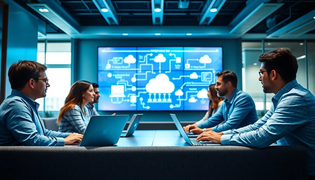 Team strategizing Cloud Migration Services in a modern office, showcasing collaboration and technology.