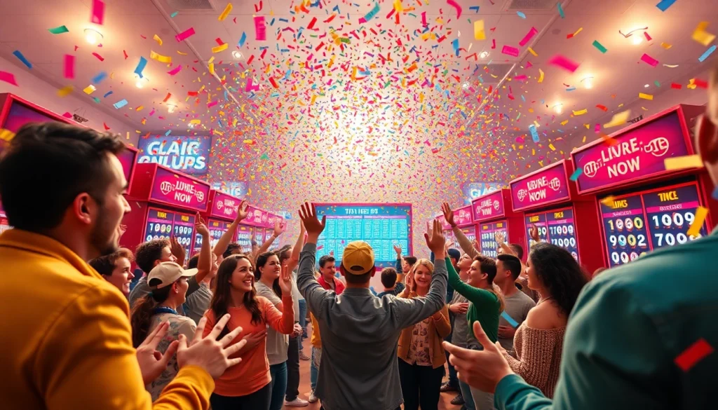 Menggambarkan pemain yang merayakan kemenangan bandar togel dengan tiket berwarna-warni di platform online.