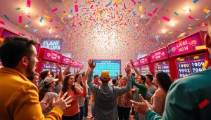 Menggambarkan pemain yang merayakan kemenangan bandar togel dengan tiket berwarna-warni di platform online.