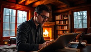 Thriller author in a cozy cabin setting, deeply focused on writing inspired by the environment.