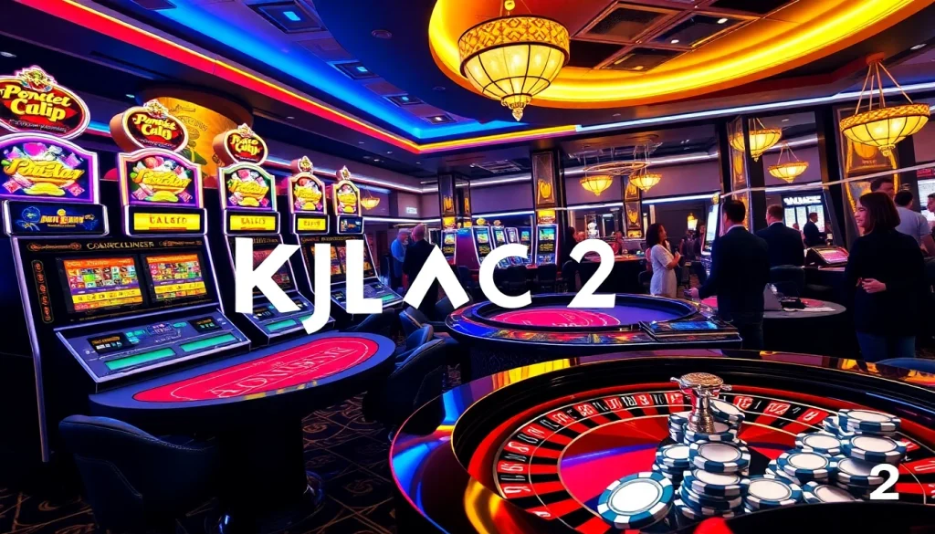 A bustling casino with poker tables, slot machines, and roulette wheels showcasing the excitement of KJC AC 2 gaming.