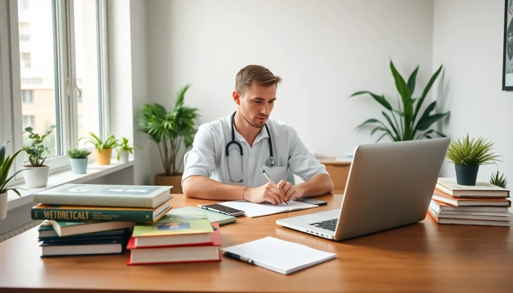 Nursing essay writing services illustrated in a professional workspace with a focused writer.