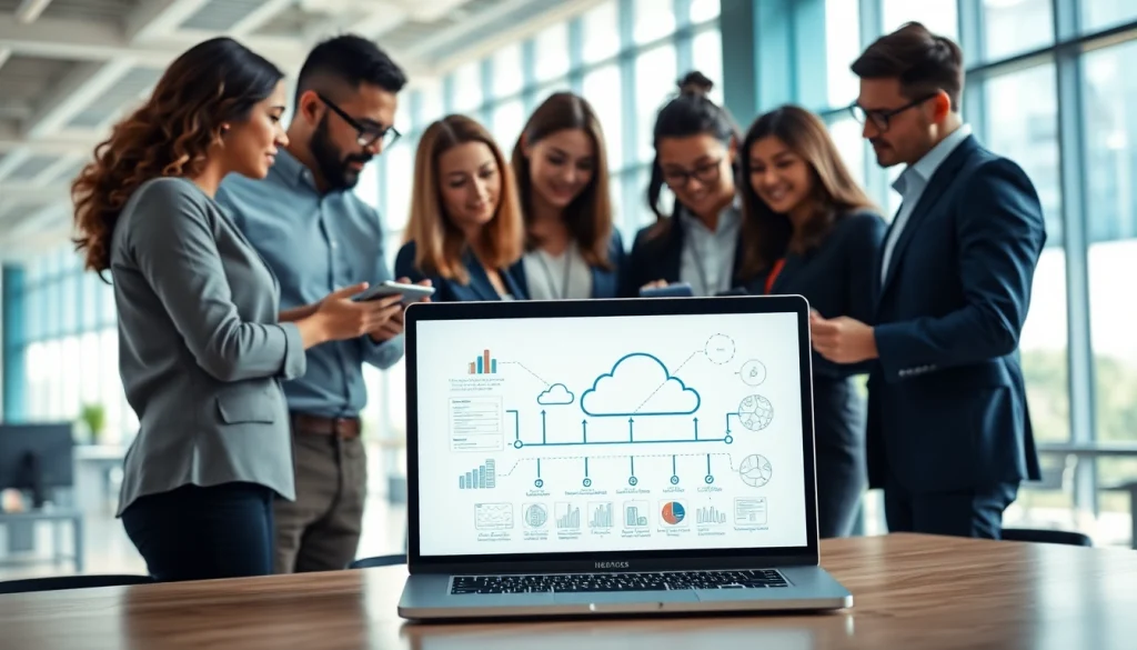 Showcasing Cloud Migration Services through a professional team collaborating in a modern office environment.