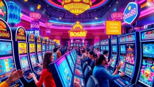 Bos88 slot machines with vibrant neon lights attracting enthusiastic players.