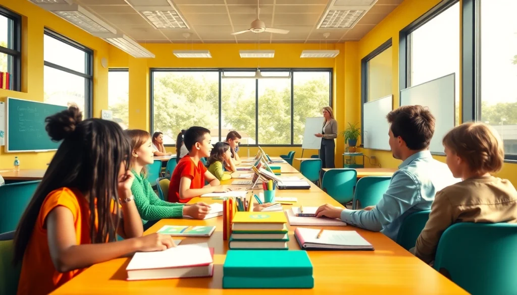 Capture students participating in hands-on Education activities in a vibrant classroom setting.