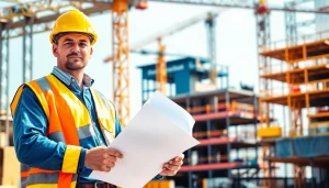 This dynamic scene captures a New Jersey Commercial General Contractor supervising a busy construction site, showcasing project management skills.