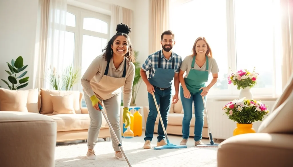 Cleaning Service professionals performing thorough cleaning in a bright, welcoming living room.