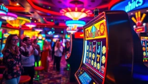 Menyaksikan Unogg slot game dengan mesin slot yang cerah dan pemain penuh semangat.
