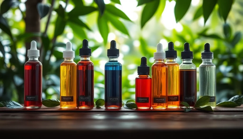 Verschiedene liquid Flaschen in einer ansprechenden Anordnung auf einem Holzuntergrund.