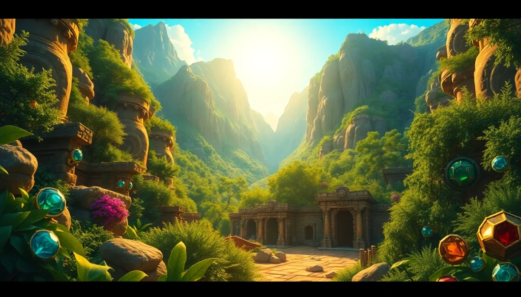 An enchanting view of King Solomon's Mine, featuring ancient ruins amidst vibrant greenery and shimmering treasures.