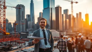 Dynamic scene of New York City Construction Manager overseeing a construction project amidst a vibrant city backdrop.