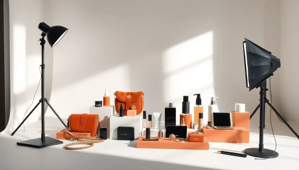 Professional product photography setup showcasing various items in a studio