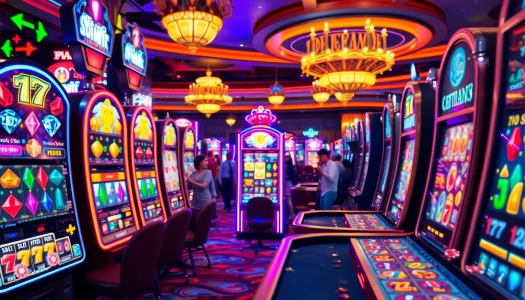 Main permainan link jewel4d slot dengan mesin bertema permata di kasino yang meriah.