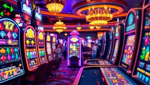 Main permainan link jewel4d slot dengan mesin bertema permata di kasino yang meriah.