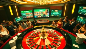Experience exhilarating play at Link F8BET with a vibrant casino scene featuring roulette and chips.