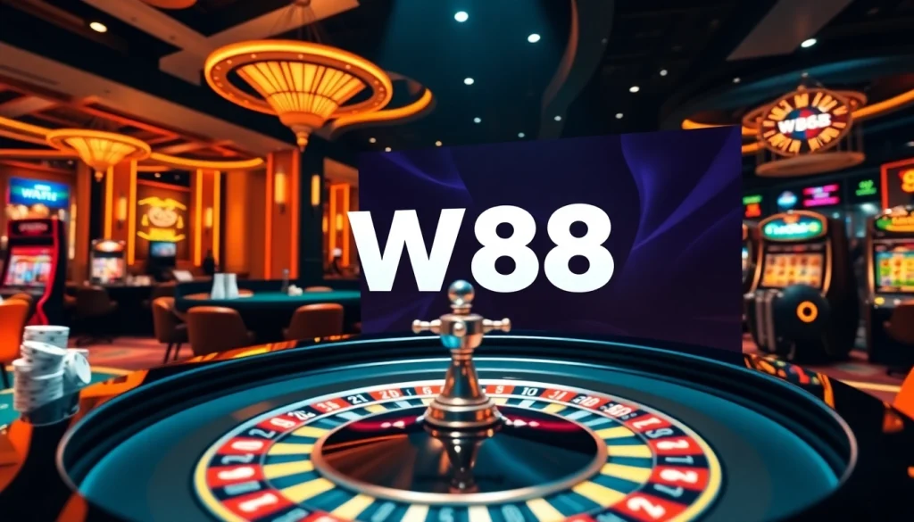 Thu hút người chơi bằng thương hiệu W88 tại bàn casino nhộn nhịp đầy chip và bài bạc.
