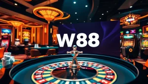 Thu hút người chơi bằng thương hiệu W88 tại bàn casino nhộn nhịp đầy chip và bài bạc.