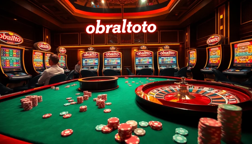 Pemain menikmati permainan taruhan tinggi di kasino elegan dengan mesin slot OBRALTOTO.