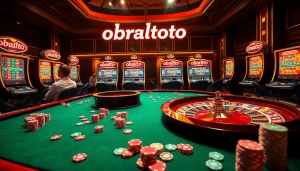 Pemain menikmati permainan taruhan tinggi di kasino elegan dengan mesin slot OBRALTOTO.