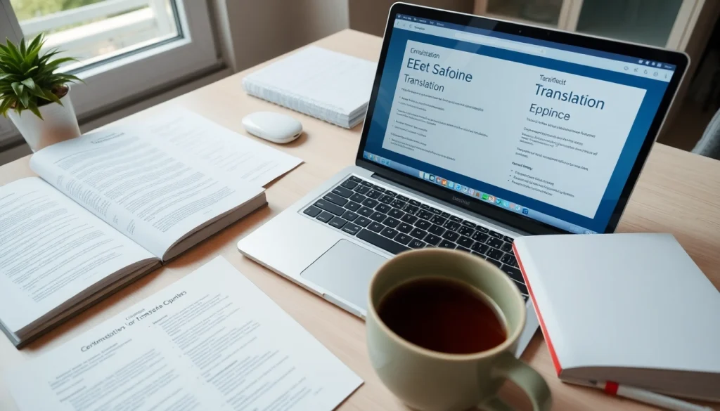 Traducteur assermenté espagnol travaillant à un bureau professionnel avec des documents de traduction