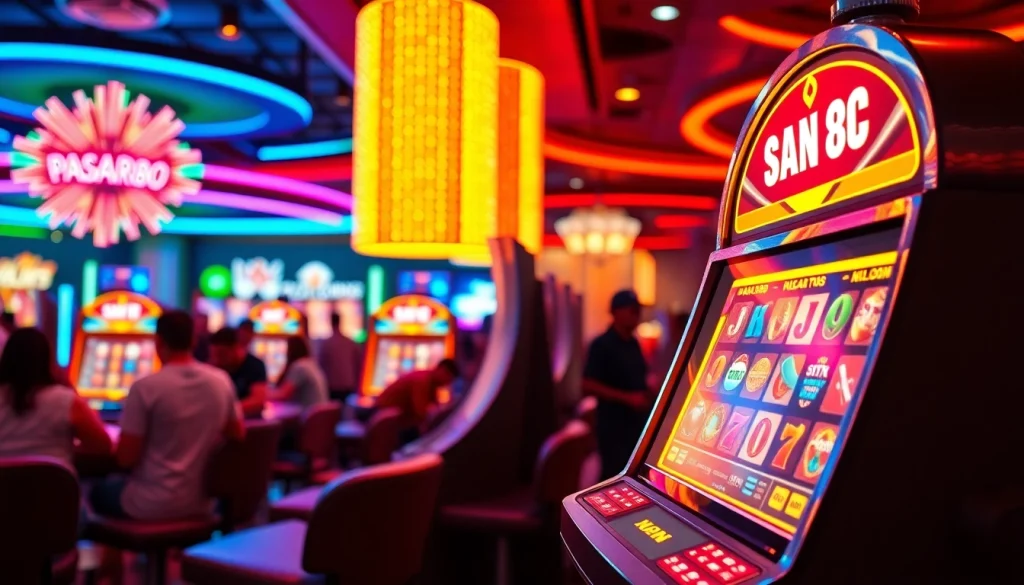 Menangkan pengalaman menarik bermain PASAR88 SLOT di mesin slot modern dengan lampu neon cerah.