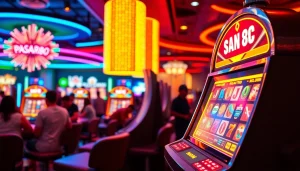 Menangkan pengalaman menarik bermain PASAR88 SLOT di mesin slot modern dengan lampu neon cerah.