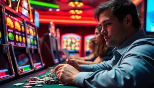 Intense scene of players engaged at slot machines featuring low bets (slot bet kecil) in a vibrant casino atmosphere.