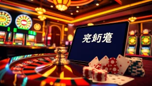 Experience the thrill of casino gaming with 상품권소액결제 highlighted on an online device amidst vibrant poker chips and a roulette wheel.