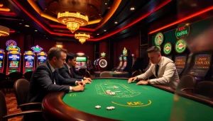 Players competing at a KJC ONL poker table in a luxurious casino setting.