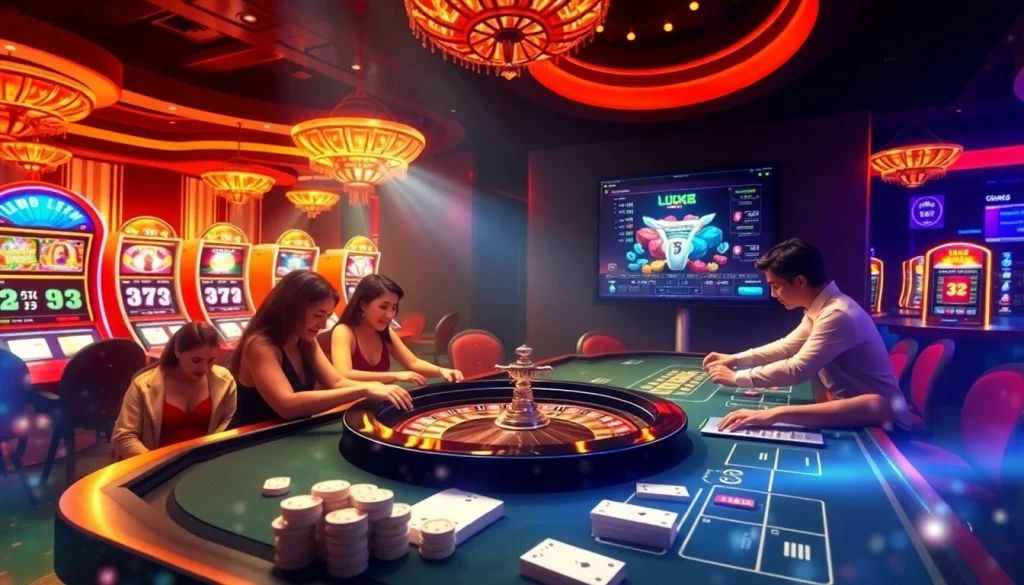 Players enjoying thrilling games at Luck8's vibrant casino, featuring roulette and slots.
