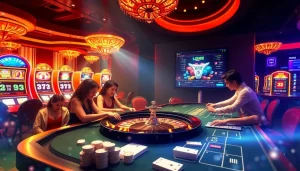 Players enjoying thrilling games at Luck8's vibrant casino, featuring roulette and slots.