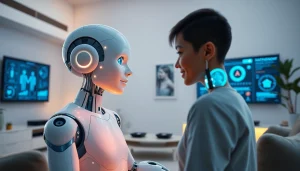 AI sex companion interacting warmly in a modern living room, showcasing innovative technology.