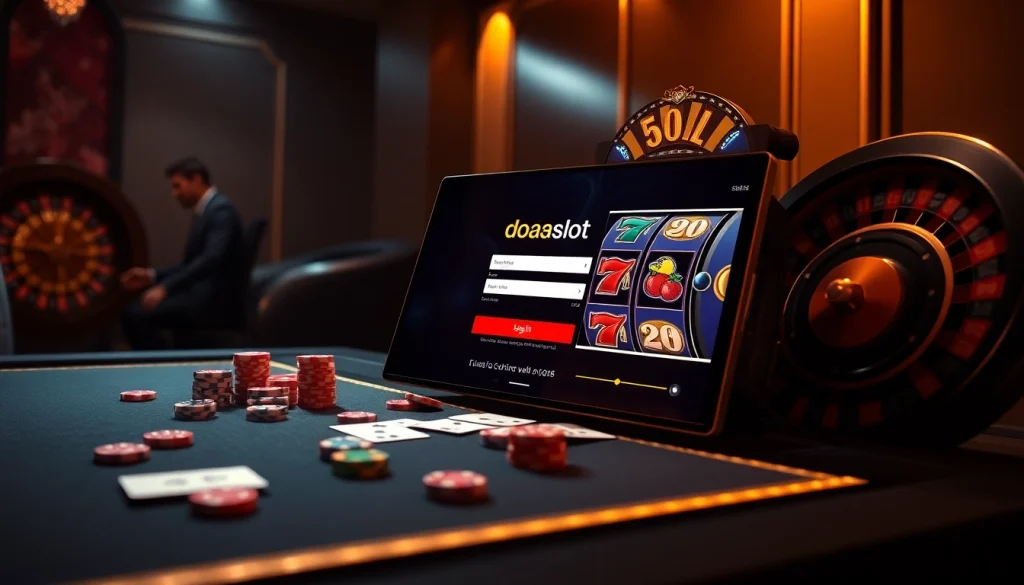 Engage with the doaslot login interface set in a luxurious casino atmosphere featuring diverse gambling elements.