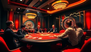 Engage in a thrilling game at W88's vibrant poker table, surrounded by glamorous casino elements.