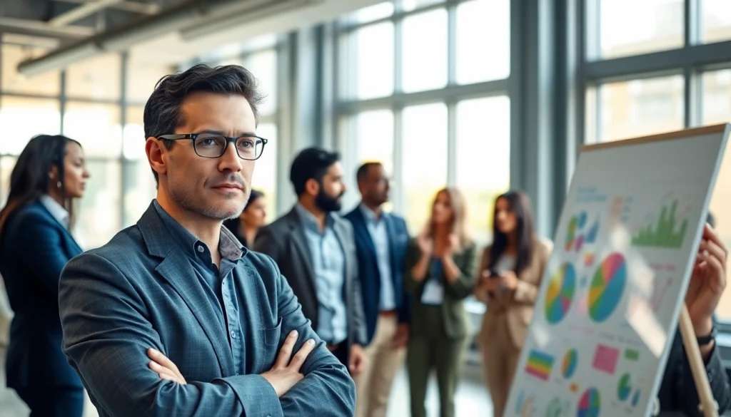 Dynamic crisis management consultant leading a strategy meeting with a diverse team in a modern office.