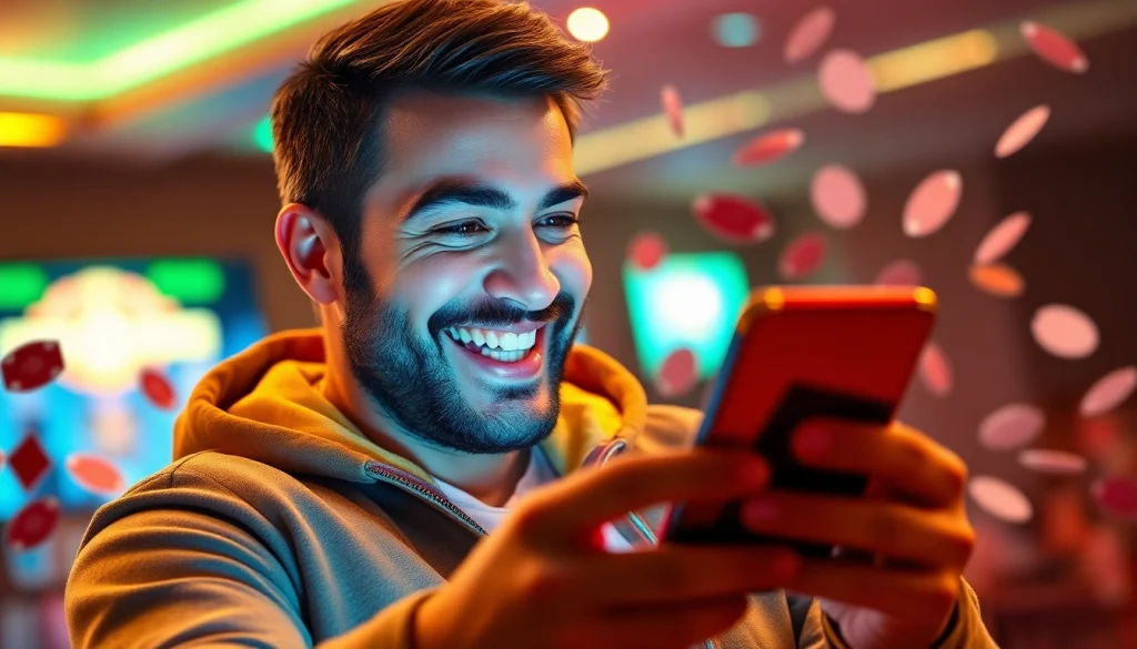 O jogador feliz usando o Bet da Sorte para realizar apostas em jogos emocionantes do cassino.