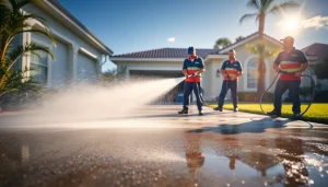 Professional pressure wash team revitalizing a driveway in Kissimmee, FL, showcasing effective cleaning techniques.