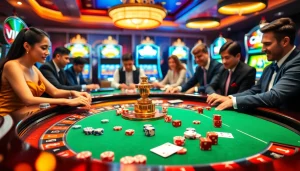 Experience excitement at VN88 with a vibrant casino scene featuring roulette and poker.