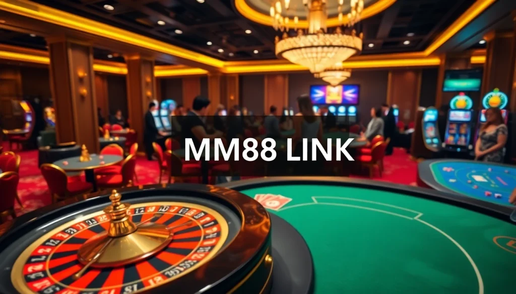 Experience the excitement of gambling with MM88 LINK at a lively casino featuring roulette, blackjack, and slot machines.