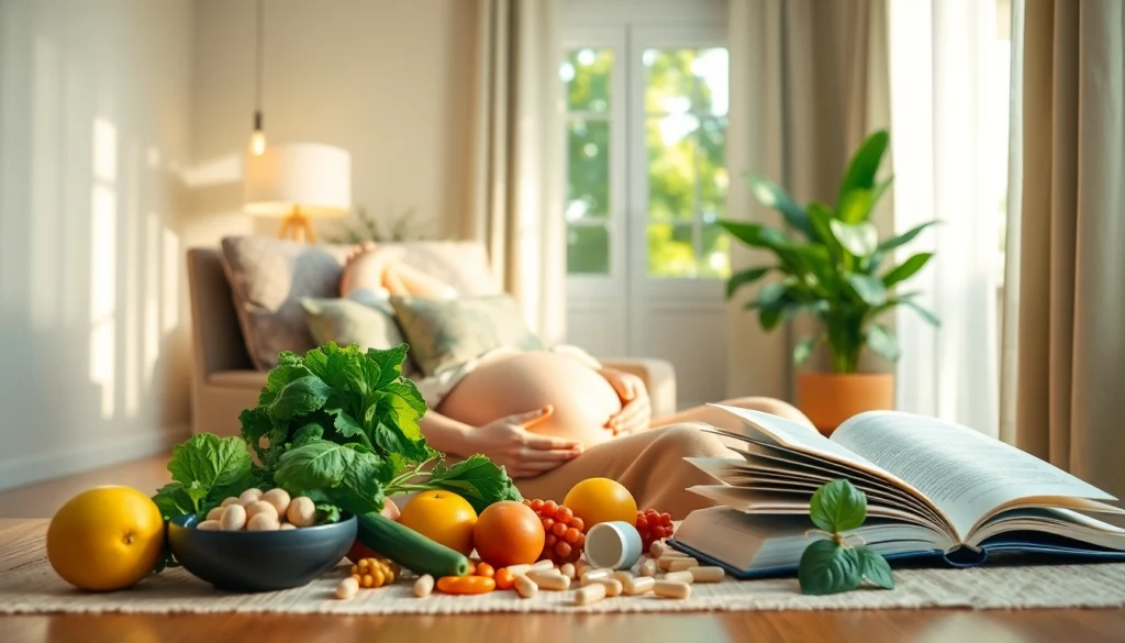 穏やかな場所で、妊婦さんが健康補助食品と新鮮な果物を楽しみながら、葉酸サプリ おすすめを発見する。