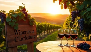 Visit beautiful wineries in Clarksburg with vibrant grape vineyards under a golden sunset.