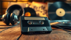 View an audio cassette alongside nostalgic music items, perfect for evoking vintage vibes.
