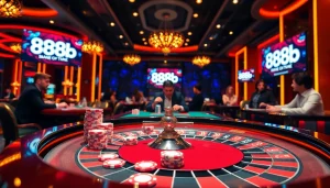 Action-packed gaming at a luxurious casino with the 888b link prominently displayed.