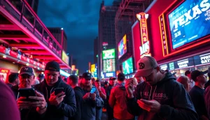 Engaged fans experiencing sports betting Texas through mobile apps at a vibrant Texas urban setting.