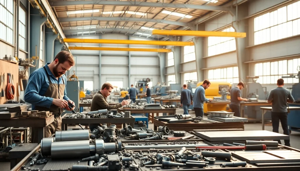 Workers in a steel fabrication shop demonstrating craftsmanship with machinery and tools.